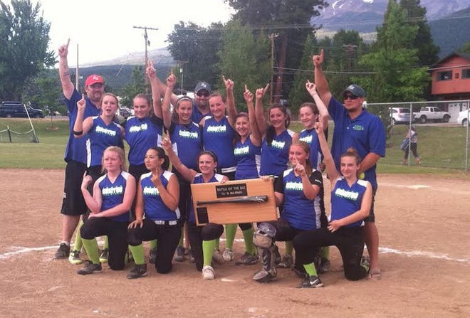 The South Siskiyou senior girls all-star team with the Battle of the Bat trophy after Saturday's tournament victory over North Siskiyou at Sisson field in Mount Shasta. Coaches, left to right, are Bob Saltzgaver, Eric Jones and head coach Brandon Burns. Middle row: Breanna Saltzgaver, Nicole Jones, Ialee Hering, Jolene Rhodes, Judy Hoey, Cami Brooks, and Lily Hitchcock-Burns. Front row: Bella Powers, Shanalyn Mori, Quincie Cross, Abby Andrus and Erica Smith.