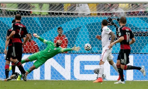 United States' goalkeeper Tim Howard can not stop a shot by Germany's Thomas Mueller to score his side's first goal during the group G World Cup soccer match between the United States and Germany at the Arena Pernambuco in Recife, Brazil, Thursday, June 26, 2014.