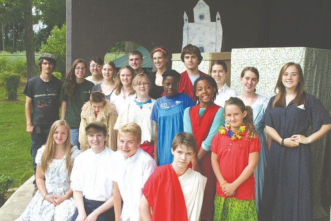 The cast and crew of “The Enchanted Castle” includes, from left, front row: Kristen Beck, Zach Hendricks, Spencer Swam, Isaac Scarbrough. Second row: Collin Scarbrough, Lindsay Harris, Koby Scarbrough (in front), Naomi Thornton, Kiera Scarbrough, Angela Beck, Taya Eby, Nia Eby, Lindsay Green. Back row: Laura Jeu, David Hills, Ellen Burke, Reuben Thornton, Miriam Thornton, Marjorie Thornton, Kayleigh Smith.