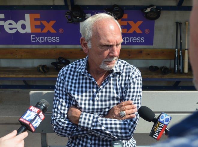 Former Tigers manager Jim Leyland speaks with the media Friday at Fifth Third Ballpark. Dan D'Addona/Sentinel staff