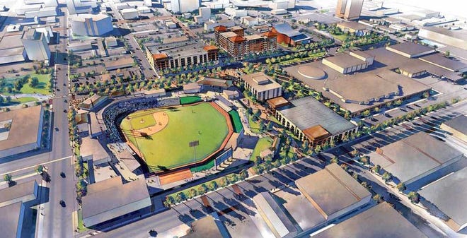 PROVIDED ILLUSTRATIONS Plans for a multipurpose stadium in downtown Amarillo got a boost when local taxing entities approved partial tax abatements for Coca-Cola, which in turn is expected to sign over three blocks of downtown property in exchange for a new building in CenterPort Business Park.