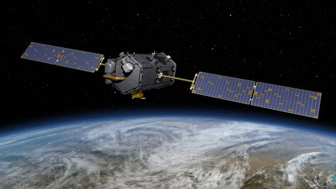 This May 2014, artist concept rendering provided by NASA shows their Orbiting Carbon Observatory (OCO)-2. The OCO-2, managed by NASA's Jet Propulsion Laboratory in Pasadena, Calif., will launch from Vandenberg Air Force Base, Calif., on a Delta II rocket on July 1, 2014. OCO-2 is managed by JPL for NASA's Science Mission Directorate, Washington. Orbital Sciences Corporation, Dulles, Va., built the spacecraft and provides mission operations under JPL's leadership. The California Institute of Technology in Pasadena manages JPL for NASA. (AP Photo/NASA/JPL-Caltech)