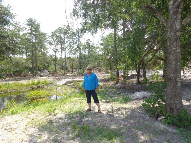 Jennifer Chaffin stands in the area she forsees a 18-foot wide serenity pond with a waterfall and a vegetable garden.