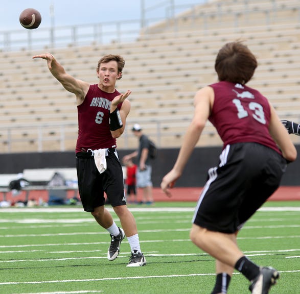 Quarterback Colt Bertrand (6), pictured firing a pass to teammate Cory Richardson (13) during the Brownwood SQT, and the rest of the Lions will face Canton, Marion and Rockdale in pool play action at the 7-on-7 Division II state tournament in College Station July 10.