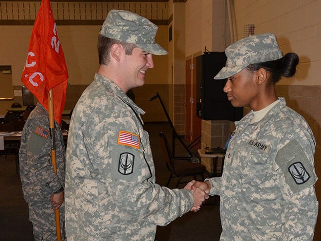 Pvt. Daphene Saxon, of Woodruff, was promoted to private first class by Capt. Ryan Purdie.