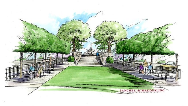 An artist's rendering of the view, looking north, of the proposed Memorial Park renovation. The area would feature a grassy middle.