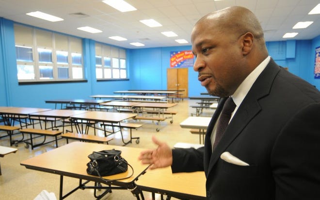 Willingboro Schools Superintendent Ronald Taylor talks about the renovations in the multi-purpose room at the W.R. James Elementary School in September.