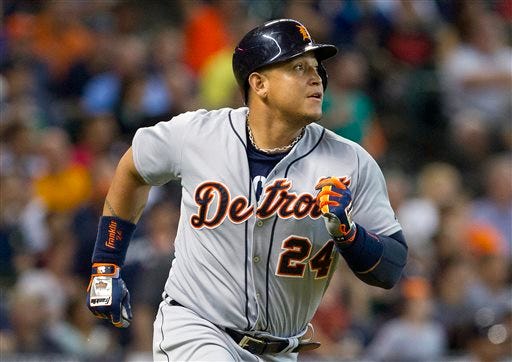 Detroit Tigers' Miguel Cabrera watches a fly ball to center field for an out in the fourth inning of a baseball game Saturday, June 28, 2014, in Houston. The Tigers won 4-3.