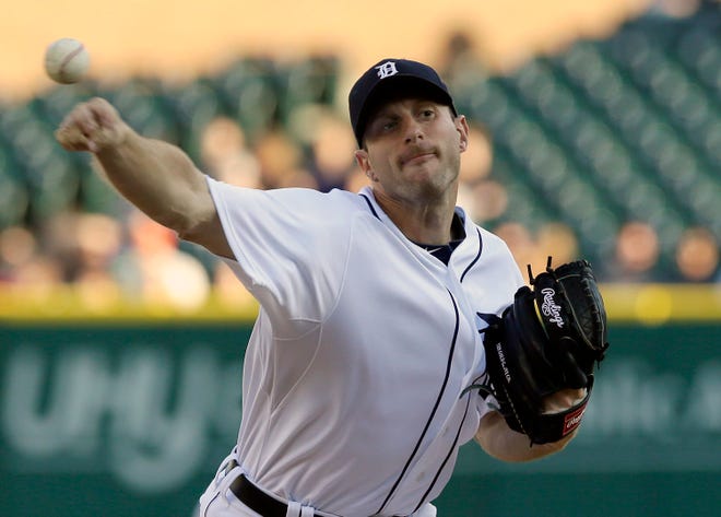 Detroit Tigers starting pitcher Max Scherzer throws during the first inning against the Tampa Bay Rays in Detroit on Thursday. (AP Photo/Carlos Osorio)