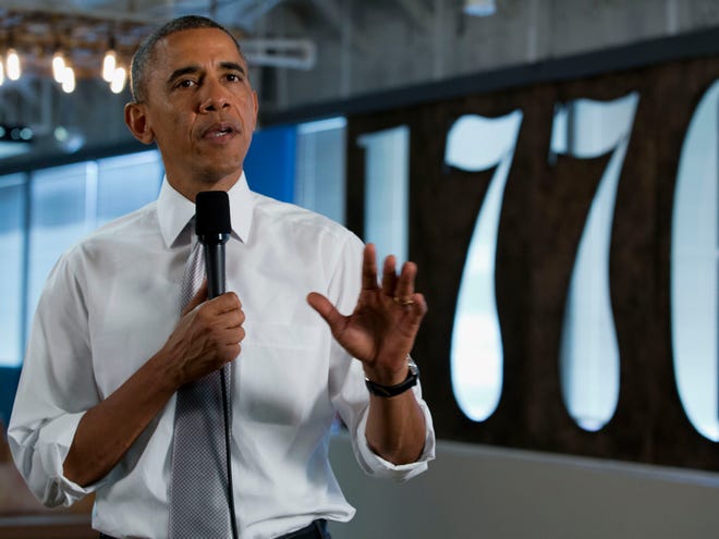 President Barack Obama speaks at 1776, a hub for tech startups, Thursday, July 3, 2014, in Washington. (