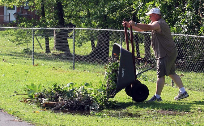 Mike McLeod dumps tree branches and leaves into a pile in front of his home Friday in Havelock. Hurricane Arthur struck the area overnight, bringing down limbs and leaves but causing relatively minor damage.