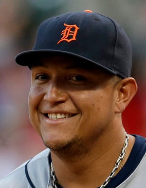 Detroit Tigers' Miguel Cabrera jogs to the dugout in the second inning of a baseball game against the Texas Rangers, Thursday, June 26, 2014, in Arlington, Texas. (AP Photo/Tony Gutierrez)