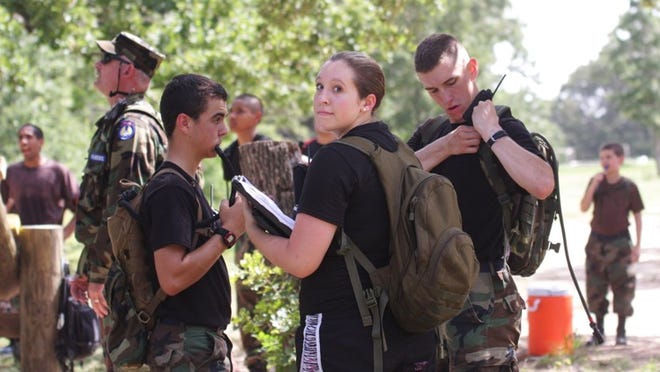 (From left) Jim Andrews of Rockwall, Michele Nolen of Tyler and Trevor Williams of Waco get leadership experience at Camp Swift’s week-long encampment for Civil Air Patrol cadets.
