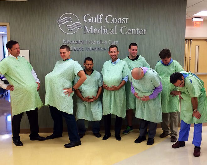 Gulf Coast Regional Medical Center, in partnership with the March of Dimes, hosted Men in Labor Tuesday highlighting the important role of fathers before, during and after pregnancy. Participants included, from left: Carlton Ulmer, Brian Buschmann, Shaun Maguadog, Matt Haines, Scott Smith, Mark Bush, Robert Redmond and Sam Wolf.