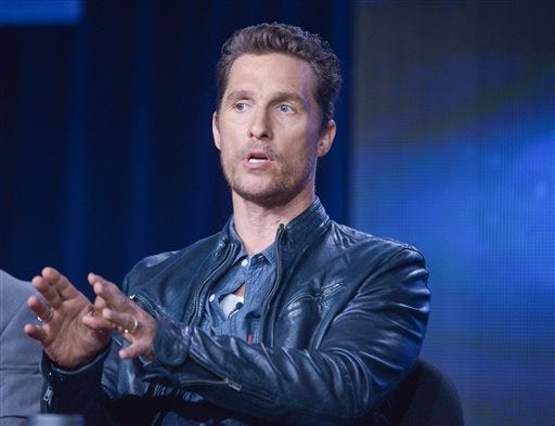 FILE - In this Jan. 9, 2014, file photo, Matthew McConaughey talks during the panel discussion for True Detective at the HBO portion of the 2014 Winter Television Critics Association tour at the Langham Hotel in Pasadena, Calif. Shows from broadcast, cable and the Internet are vying for honors in the 66th Emmy Awards nominations. Leading contenders include dramas “True Detective” and “Breaking Bad” and four-time best comedy winner “Modern Family.”