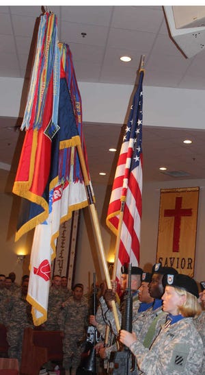 Diane Stewart for Bryan County Now The 3rd ID Color Guard from Fort Stewart presents the colors at the beginning of the patriotic concert by the 3rd ID Band at First Baptist Church last week.