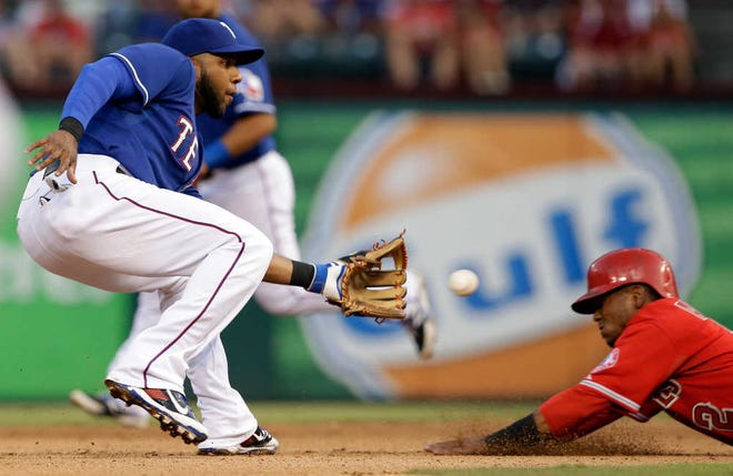 Texas Rangers shortstop Elvis Andrus, left, reaches out for the throw from catcher Robinson Chirinos before tagging out Los Angeles Angels' Erick Aybar on a stolen base attempt in the fourth inning of a baseball game, Friday, July 11, 2014, in Arlington, Texas. (AP Photo/Tony Gutierrez)