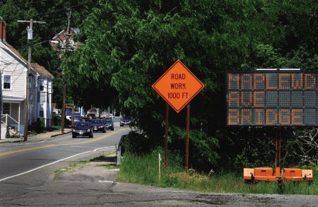 A digital sign along Maplewood Avenue in Portsmouth advises motorists of the upcoming replacement project of the Maplewood Ave Bridge over the Route 1 Bypass.