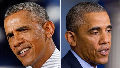 This combination image of President Barack Obama shows him, left, talking about the economy during a visit to Denver on July 9, 2014, and right, talking at the White House in Washington about the situation in Iraq on June 19, 2014. There's the confident Obama ridiculing opponents to the delight of his supporters. Then there's the increasingly unpopular president hobbled by gridlock in Washington and foreign policy crises. While Obama has long sought refuge away from the capital when his frustrations boiled over, the gap between his outside and inside games has perhaps never been bigger.