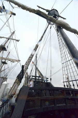 ALEX.SANCHEZ@STAUGUSTINE.COM El Galeon sits in St. Augustine's harbor midday Thursday, July 10, 2014. Tours have been open to the El Galeon and Nao Victoria to provide readers with an experiential look at the replica 16th century tall ships. El Galeon will depart around July 20, so time is running out for locals to tour the vessel.