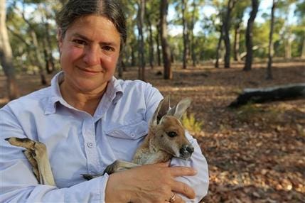 This image released by PBS shows anatomist Joy Reidenberg with a baby kangaroo from the four-part series, "Sex in the Wild," premiering Wednesday, July 16, on PBS.