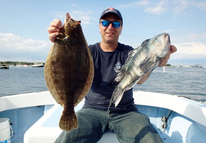 Steve Brustein with some of the fluke and black sea bass caught off Seal Ledge, Newport last week.