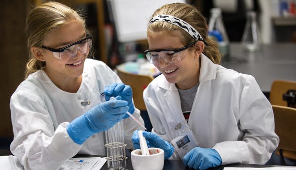Sophia Johnson, left, and Malery States extract DNA from a strawberry Tuesday at BioTech Bootcamp in Stockton.