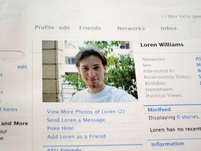 This 2013 file photo shows a printout of the Facebook page for Loren Williams, now deceased, at the Beaverton, Ore., home of his mother, Karen Williams. Williams sued Facebook for access to Loren's account after he died in a 2005 motorcycle accident at the age of 22.