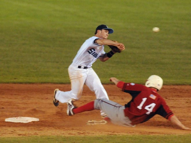 FILE - Wilmington Sharks Shawn Sanders (3) throws to first base as Florence Red Wolves Brandon Rawe (14) slides to second base at Buck Hardee Field in Wilmington. N.C. Sanders signed with Presbyterian College in April. (AP photo)