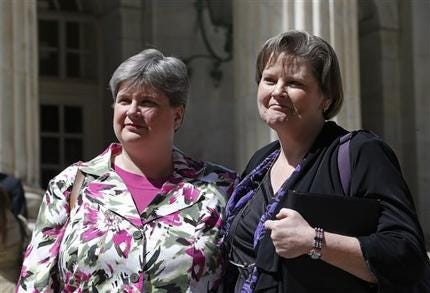 In the April 17, 2014, photo plaintiffs challenging Oklahoma's gay marriage ban Sharon Baldwin, left, and her partner Mary Bishop leave court following a hearing at the 10th U.S. Circuit Court of Appeals in Denver, Thursday, April 17, 2014. The three-judge panel of the 10th U.S. Circuit Court of Appeals in Denver on Friday, July 18, 2014, found a ban on same-sex marriage in Oklahoma violates the U.S. Constitution. In a Utah case, the court ruled June 25 that gay couples have a constitutional right to wed. (AP Photo/Brennan Linsley, File)