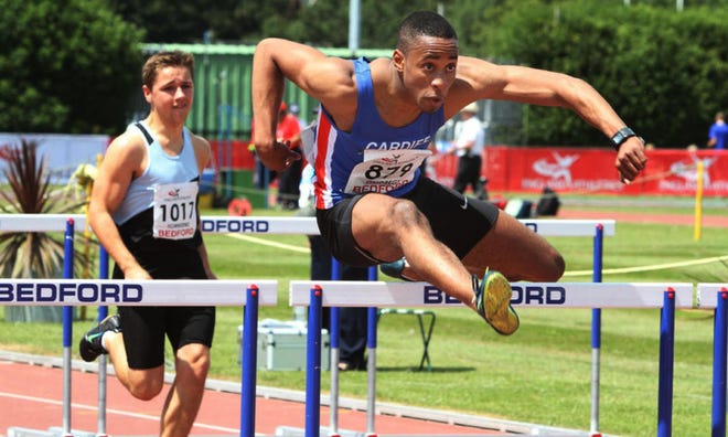 David Omoregie (right) of Great Britain is his country’s junior record-holder in the 110-meter hurdles. (Photo provided by British Athletics)