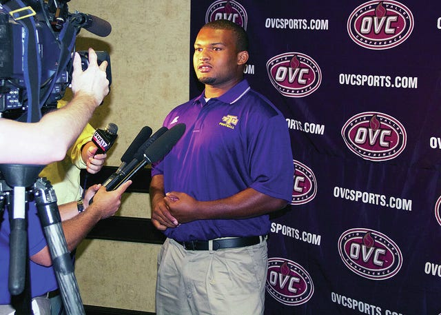 Former Columbia Central standout Tra'Darius Goff, a preseason first team All-OVC linebacker selection, speaks to the media during Monday's Ohio Valley Conference media day session in Nashville. (Photo by John Zwengel)