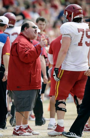 Iowa State offensive coordinator Mark Mangino talks to offensive lineman Shawn Curtis (79) during Iowa State's annual spring NCAA college football game, Saturday, April 12, 2014, in Ames, Iowa. (AP Photo/Charlie Neibergall)