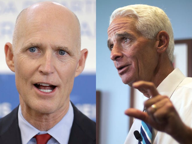 Charlie Crist leads gov. Rick Scott by a margin of 45 percent to 40 percent in a head-to-head contest, down from a 10-point advantage in April, according to the Quinnipiac University poll.