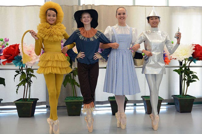 Kansas Ballet will present the world premiere of its production of "The Wizard of Oz," featuring, from left, Lion (Xianne Williams), Scarecrow (Kodi Scardina), Dorothy (Margaret Turner) and Tin Man (Nina Tancabelic), at 4 p.m. Saturday in Hoehner Auditorium of Topeka High School, 800 S.W. 10th.