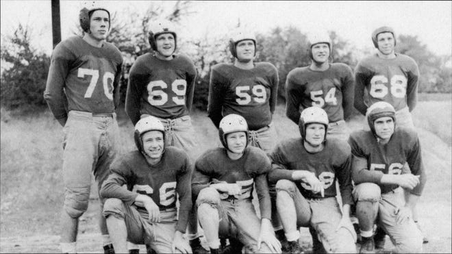 The 1950 Lowell football team, county all-stars. Back row, from left are James McFadden, R.B. Moody, Harold Broome, Jim Wallace and Edwin Crisp. Front row, from left are Fred Fulbright, Roger Johnson, Ken Hunsucker, Henry Huffstetler