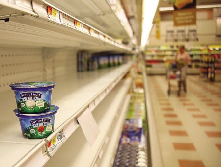 Dairy items have all but vanished at the Market Basket Store in the Southgate Plaza in Seabrook.