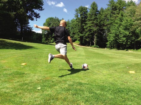 Colin Smith photo
Dan Revis of Seacoast United tees off on a FootGolf hole at Sagamore Golf Club in Hampton. Shine this photo to see the exciting and fun sport in action.