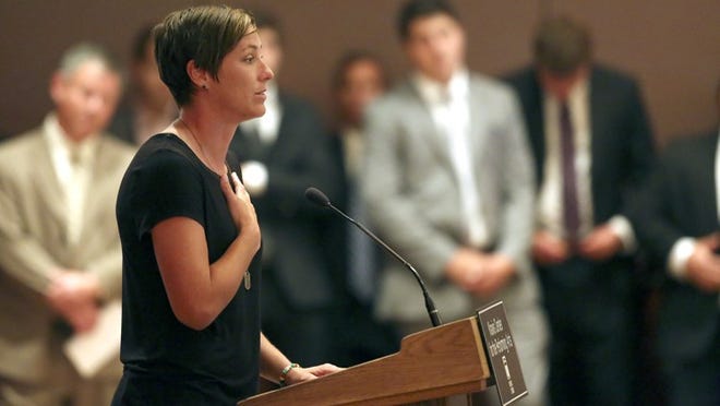 US soccer star Abby Wambach, speaking during a memorial for Dan Borislow, inventor and founder of the magicJack at the Cohen Pavillion of the Kravis Center July 25, 2014 in West Palm Beach. Borislow died of a heart attack at the age of 52, after a soccer match, Monday in West Palm Beach. He is survived by his daughter Kylie, son Daniel, and wife Shelly, along with three brothers and his parents. Borislow was an avid soccer player, fan and former owner of a women professional soccer team in Boca Raton. (Bill Ingram / Palm Beach Post)