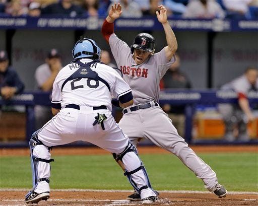 Boston's Brock Holt, right, tries to elude Tampa Bay's Jose Molina while attempting to score on a ground out by David Ortiz during the third inning on Saturday.