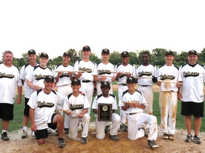The Burlington Township U13 Falcons won the championship of the Branchburg Summer Baseball Tournament, defeating the Easton (Pennsylvania) Black Diamonds for the title after finishing 3-1 in pool play. Team members are (front, from left) assistant coach Charlie Cook, Craig Cook, Troy Scott Jr., Marcus White, (back) assistant coach Thomas Giordano, assistant coach Harry Sypniewski, Mike Raymond, Dazani Deleon, Nick Sypniewski, Justin Giordano, Jalen Brown-Hayes, Omar Rogers, Thomas Cappetti Jr. and head coach Thomas Cappetti Sr.