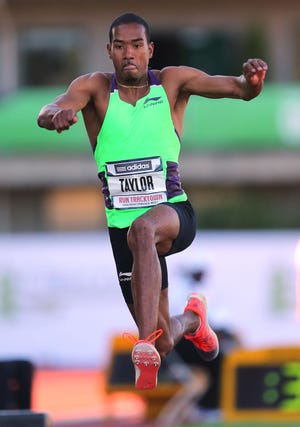 Christian Taylor won the men's triple jump during the High Performance meet at Hayward Field. (Brian Davies/The Register-Guard)
