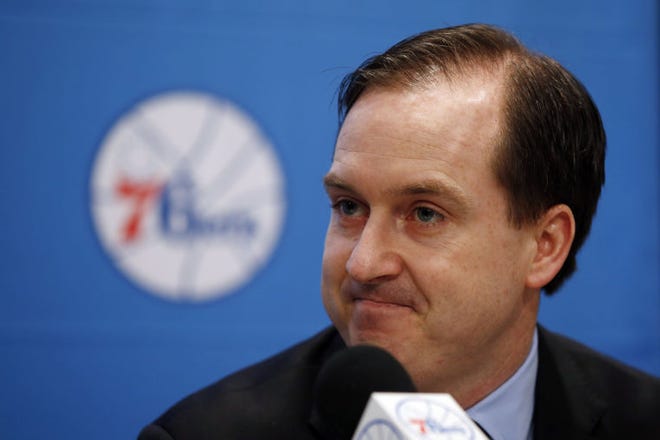 Sixers general manager Sam Hinkie reacts during a June 2014 news conference.