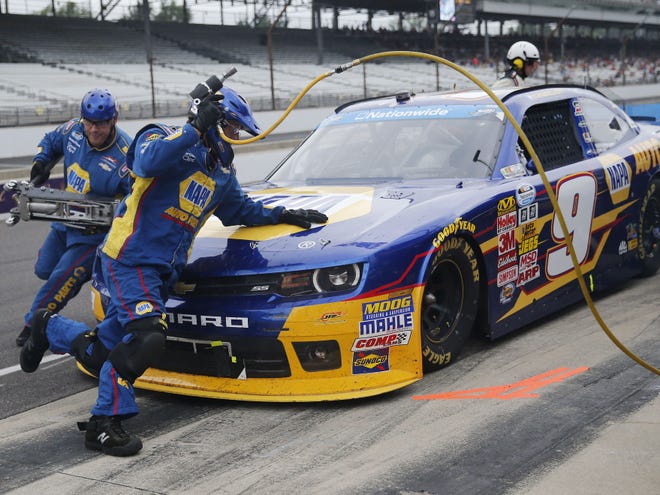 Chase Elliott makes a pit stop during the NASCAR Nationwide Series race at Indianapolis Motor Speedway in Indianapolis on July 26.