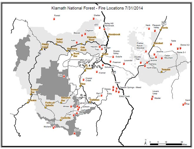 A map of fires burning as of late Friday morning, Aug. 1, on the Klamath National Forest.