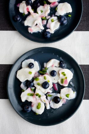 Scallop and Blueberry Seviche, made from a recipe in the new cookbook, “Fruitful: Four Seasons of Fresh Fruit Recipes,” by Brian Nicholson and Sarah Huck.
