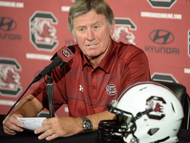 USC football coach Steve Spurrier talks with the media on Sunday in Columbia. Spurrier, who has led the Gamecocks to three straight 11-win seasons, remains focused on bringing an SEC championship back to Columbia.