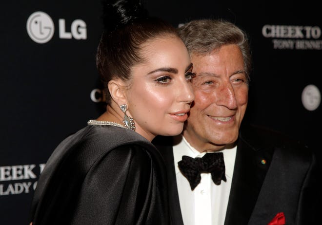 Recording artists Lady Gaga, left, and Tony Bennett, attend a Tony Bennett and Lady Gaga concert taping on July 28 in New York. The duo is set to release an album of jazz standards called “Cheek to Cheek” on Sept. 23.