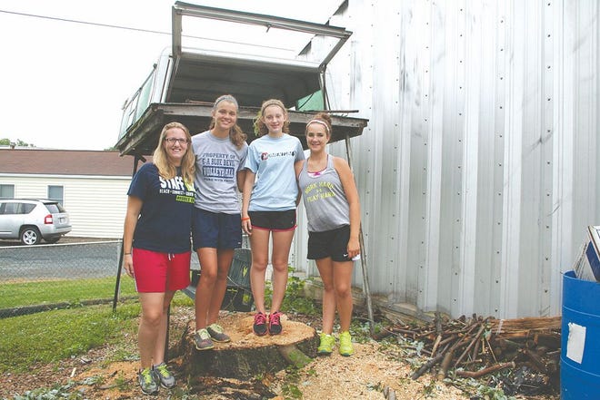 A towering maple, planted in 1952, was taken down at the home of Gail Hartman. The tree was leaning into a shed, and also had some damaged parts. Participants in the Chambersburg Project cleaned up the mess after a professional did the cutting. Pictured at the stump are, from left: Hannah Lougheed, 19, Keri Gearhart, 13, Taryn Cosey, 12, and Katie Moats, 14.