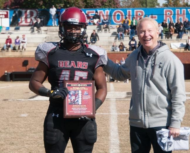 Former South Point HIgh standout Jordan Forney receiving an honor during Lenoir-Rhyne's run last year to the NCAA Division II national championship game.